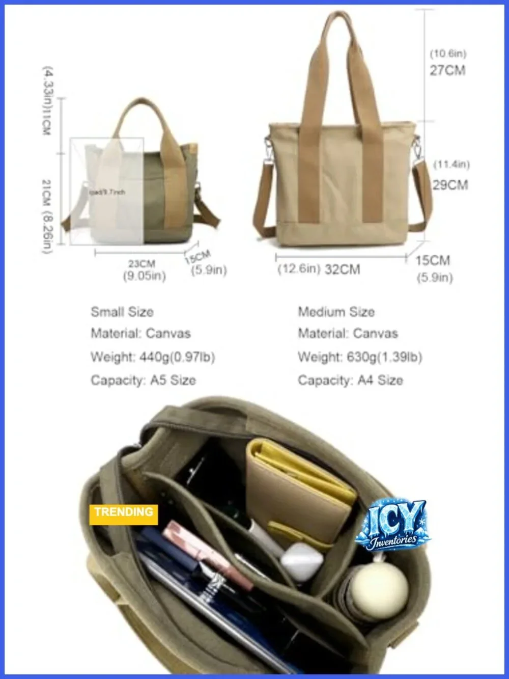 Canvas Tote Handbag Multi-Pockets Shoulder Bag with Zipper Hobo Satchel for
